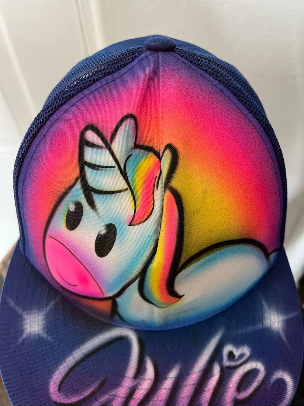 Custom Airbrushed Unicorn Trucker Hat “Julie” | Blue Snapback | One Size